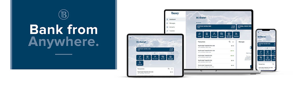 Bank from anywhere with a photo of tablet, desktop and phone.